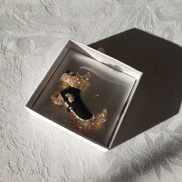 Scottie Dog Brooch.  Scottish Terrier.  Black enamel, diamond simulants on gold - Picture 12 of 12